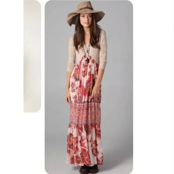 Free People Ethnic Rose Floral Print Boho Maxi Dress Gown Size S New - Picture 2 of 6